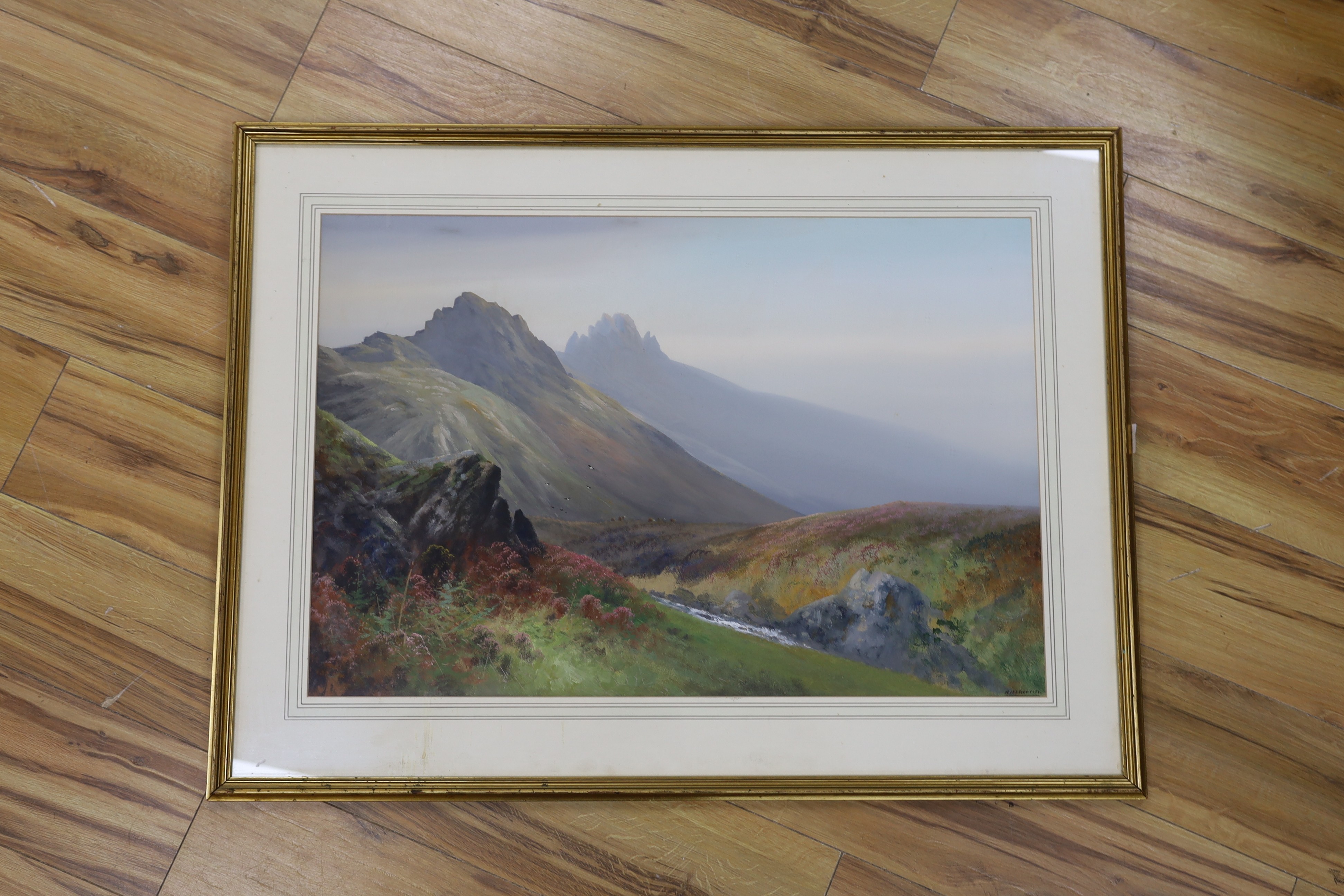 Reginald Daniel Sherrin (1891-1971), gouache, Scottish mountain pass, signed, 51 x 76cm